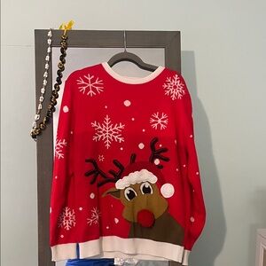 Women's Red Reindeer Snowflake Crewneck Sweater - Festive Holiday Knit